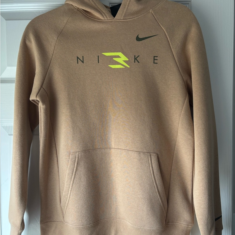 Nike Men’s Tan Hoodie with Neon Yellow Logo